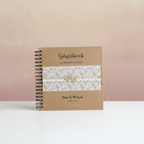 Personalisiertes Gästebuch zur Hochzeit Kraft Spiralbuch Spitzenmotiv Birkenherzen 23x23 cm mit Namen Datum vintage Boho